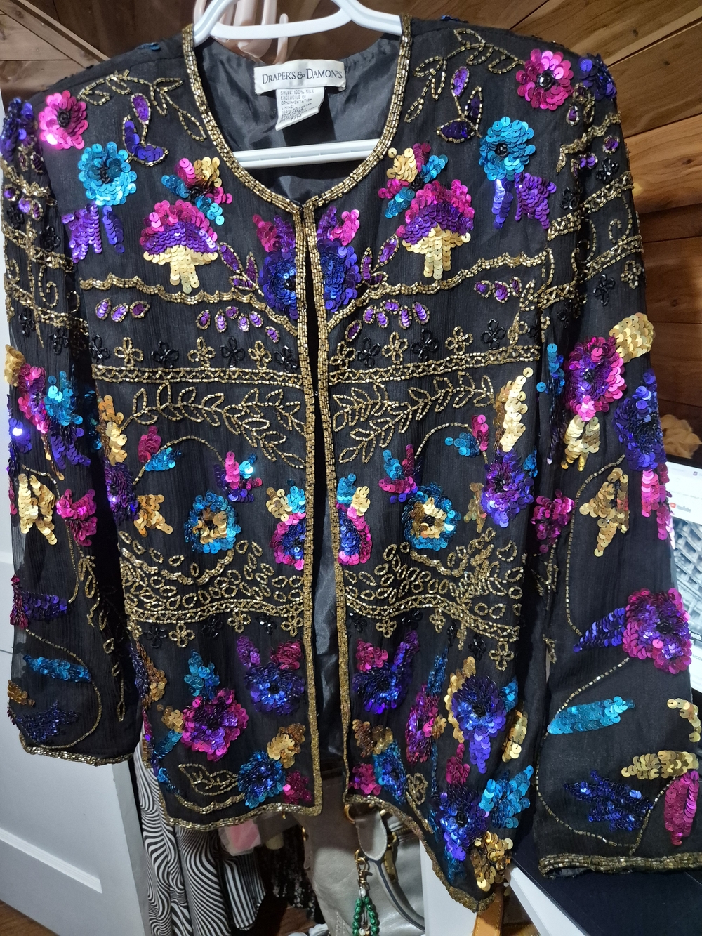 Vintage 80's Drapers & Damons Black Sequined Beaded Floral Evening Jacket